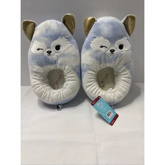 Squishmallows Melani Arctic Fox Plush Adult Sz 6/7 Blue White Gold Ear Slippers - Picture 1 of 3